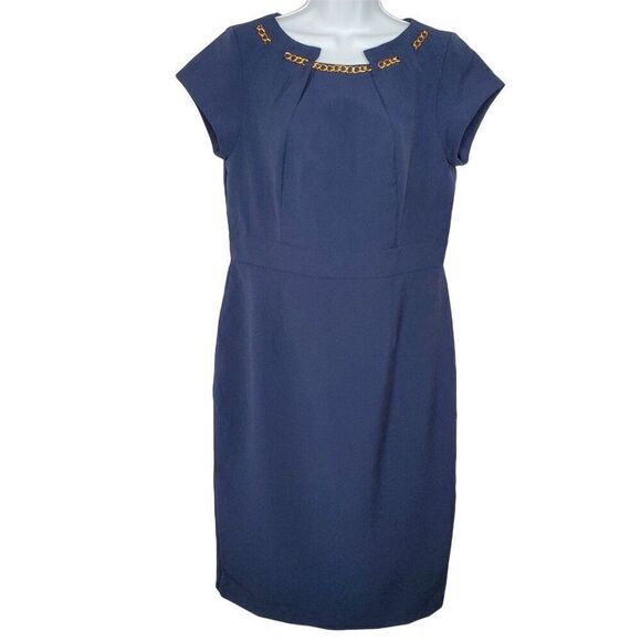 Shelby and Palmer Sheath Dress Sz 10 Navy Blue Gold Chain Accent Career Office - Picture 1 of 4